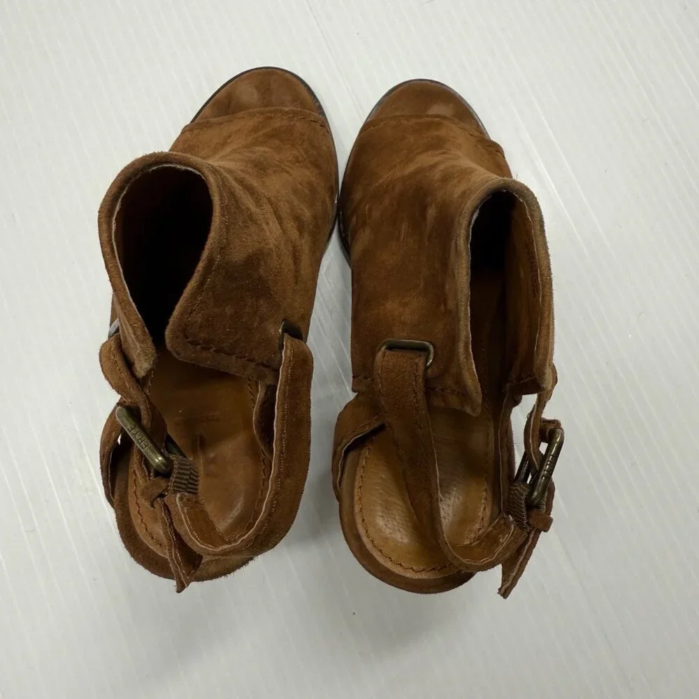 Frye Dani Shield Sling Wood Suede Open Toe Block Heel Booties 6M
